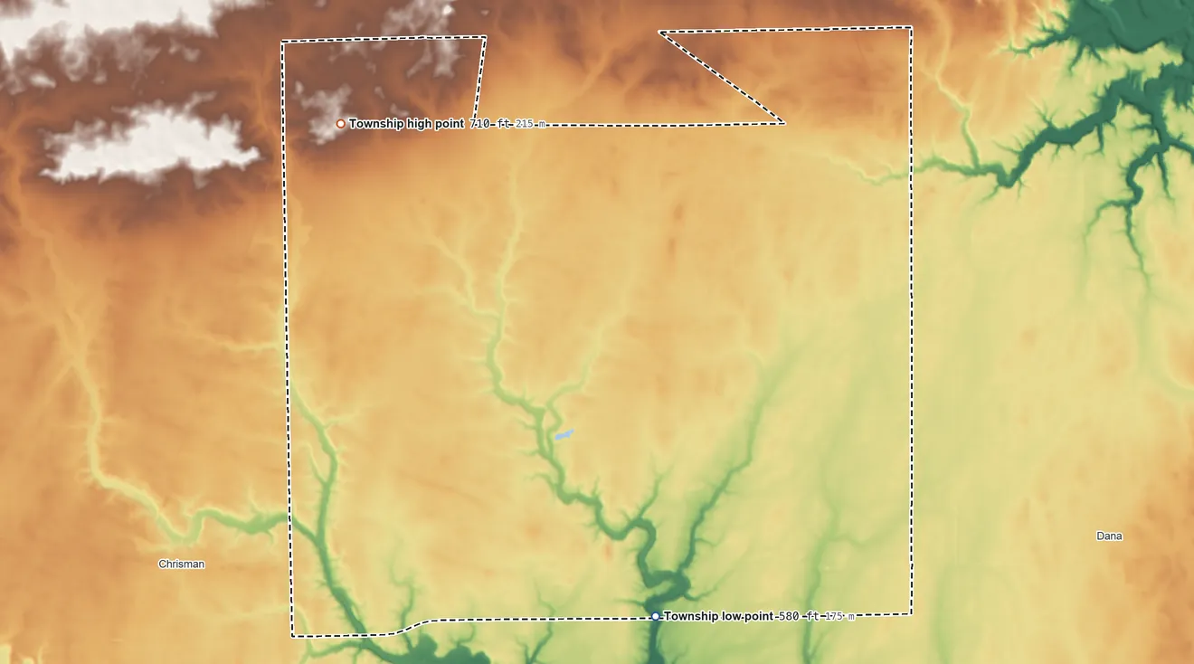 Topographic elevation map of Prairie Township, Edgar County, Illinois, shaded from 580 ft on the southeast side to 710 ft on the northwest side