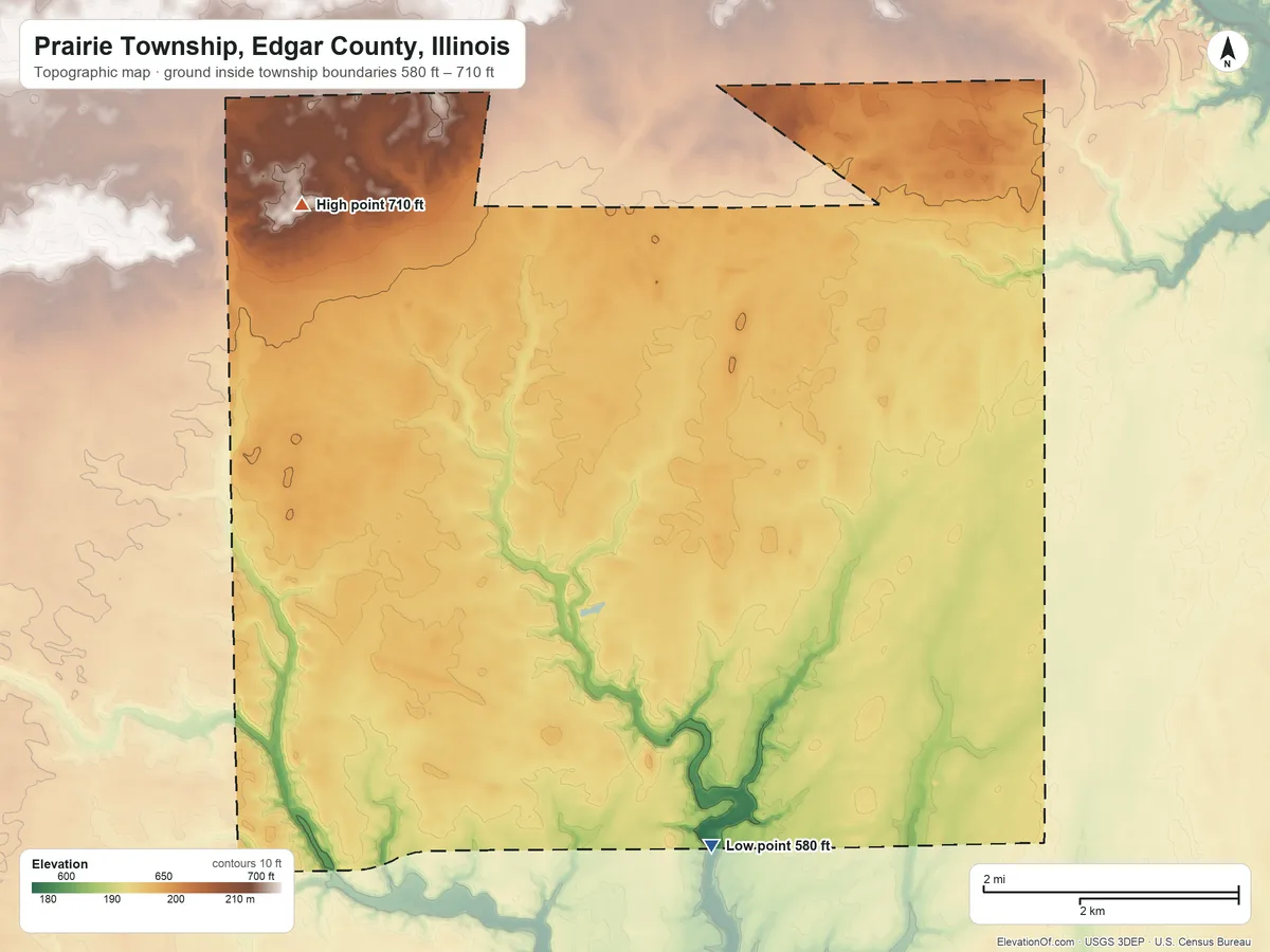 Topographic elevation map of Prairie Township, Edgar County, Illinois, shaded from 580 ft on the southeast side to 710 ft on the northwest side