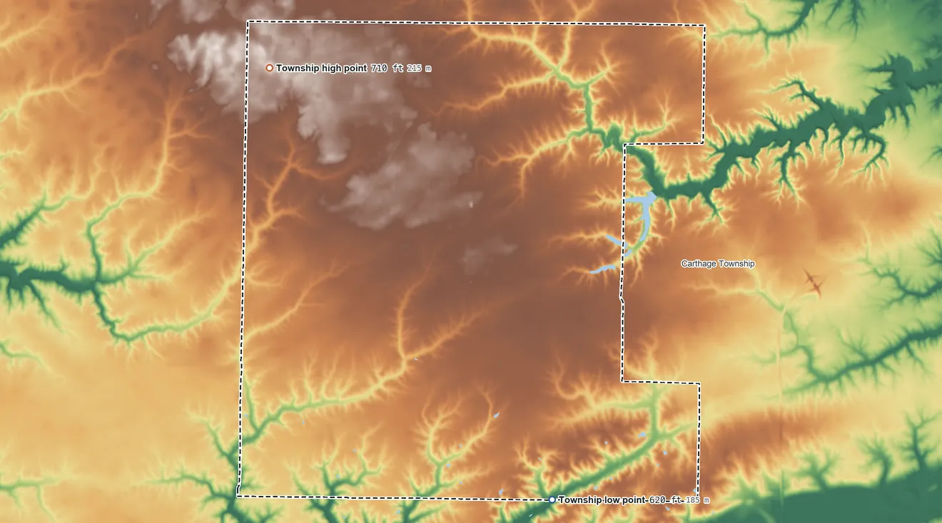 Topographic elevation map of Prairie Township, Hancock County, Illinois, shaded from 620 ft on the southeast side to 710 ft on the northwest side