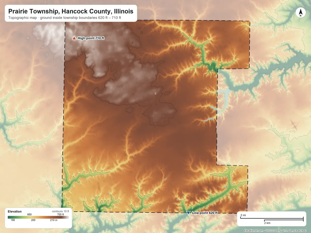 Topographic elevation map of Prairie Township, Hancock County, Illinois, shaded from 620 ft on the southeast side to 710 ft on the northwest side