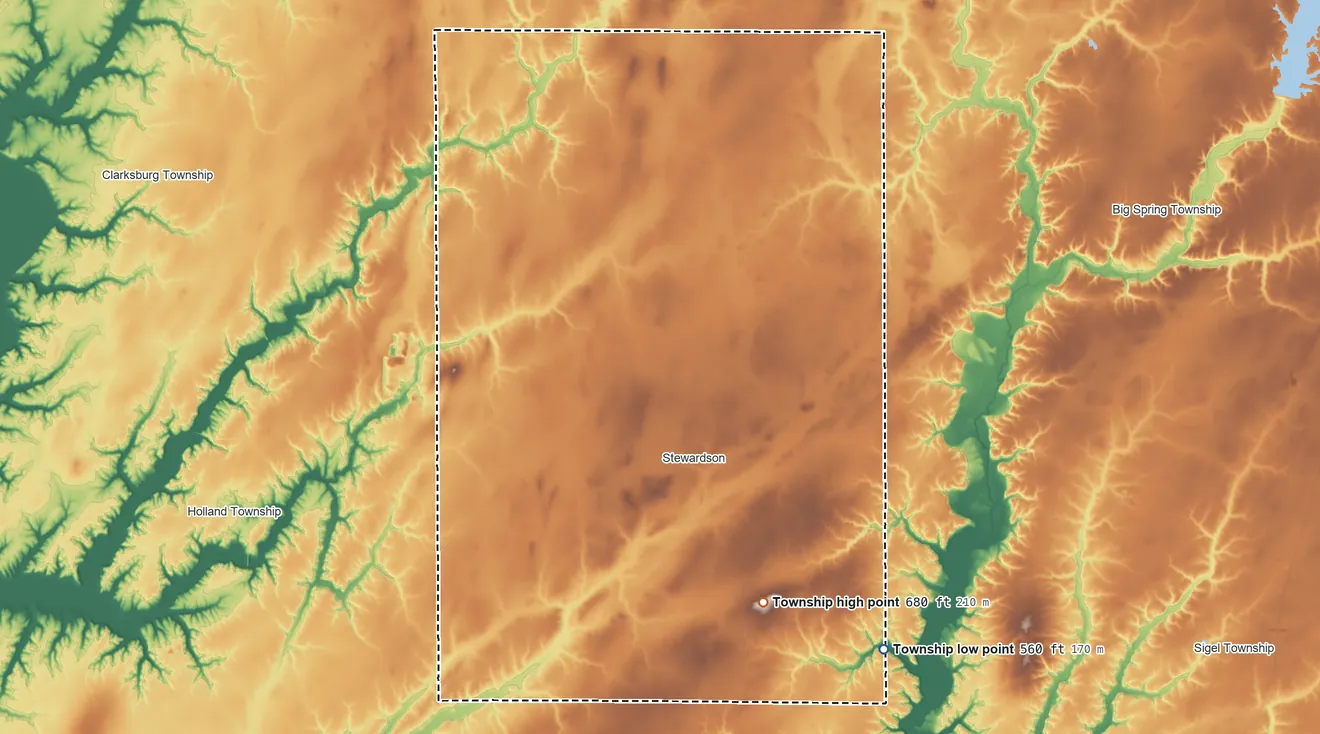 Topographic elevation map of Prairie Township, Illinois, shaded from 560 ft on the southeast side to 680 ft on the southeast side