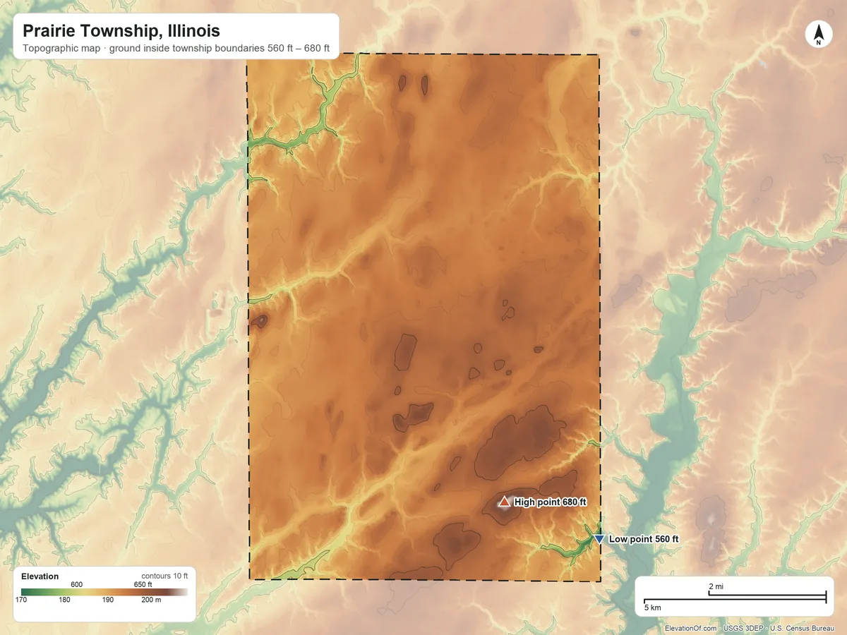 Topographic elevation map of Prairie Township, Illinois, shaded from 560 ft on the southeast side to 680 ft on the southeast side