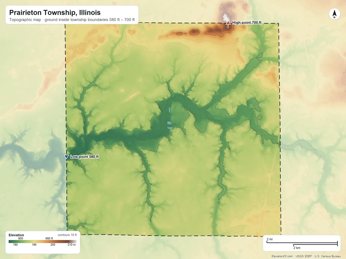 Topographic elevation map of Prairieton Township, Illinois, shaded from 580 ft on the west side to 700 ft on the north side