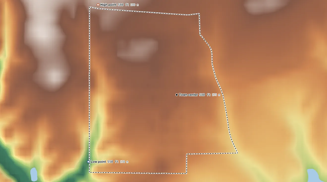 Topographic elevation map of Prairietown, Illinois, shaded from 550 ft on the southwest side to 580 ft on the northwest side