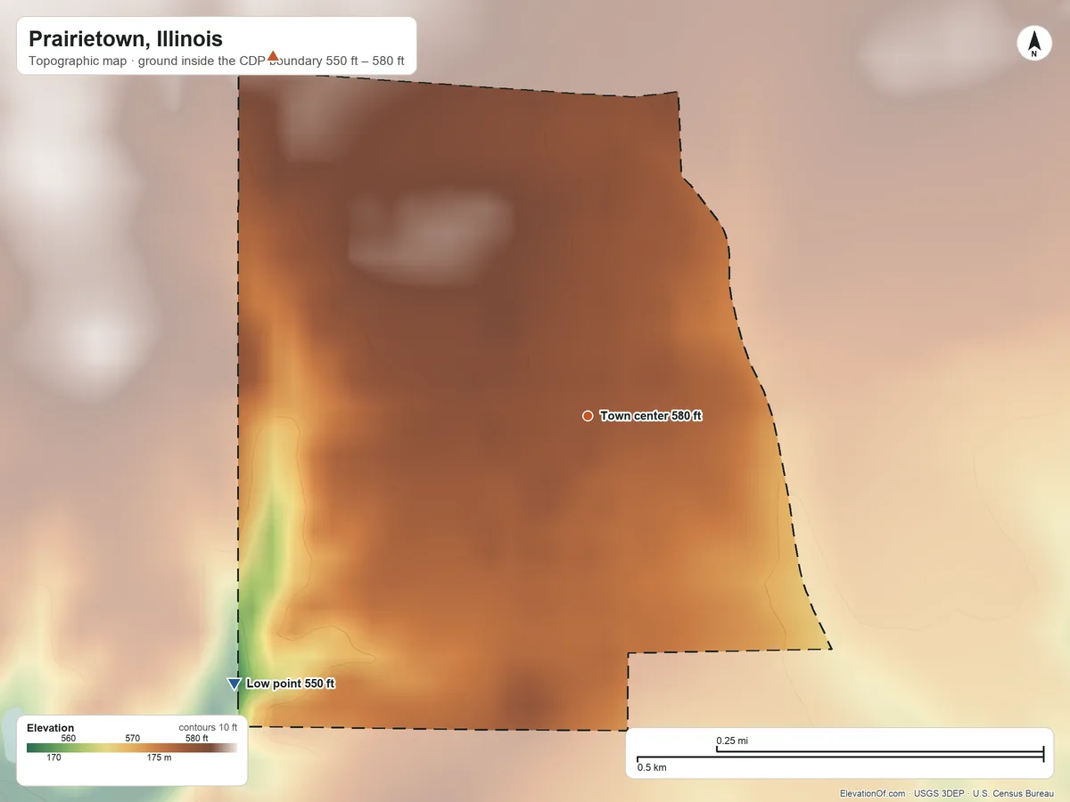Topographic elevation map of Prairietown, Illinois, shaded from 550 ft on the southwest side to 580 ft on the northwest side