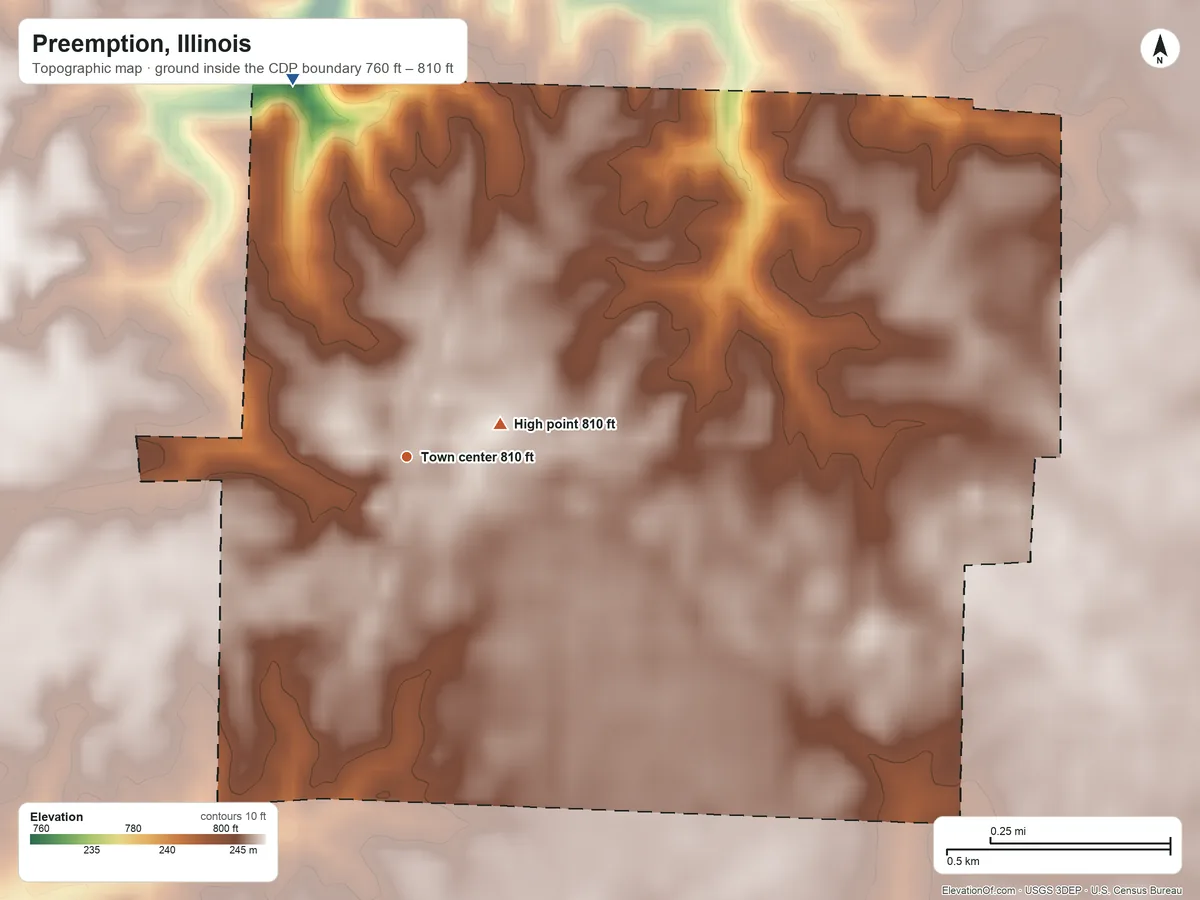 Topographic elevation map of Preemption, Illinois, shaded from 760 ft on the north side to 810 ft near the middle