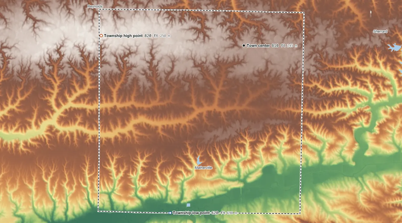Topographic elevation map of Preemption Township, Illinois, shaded from 620 ft on the southwest side to 820 ft on the west side