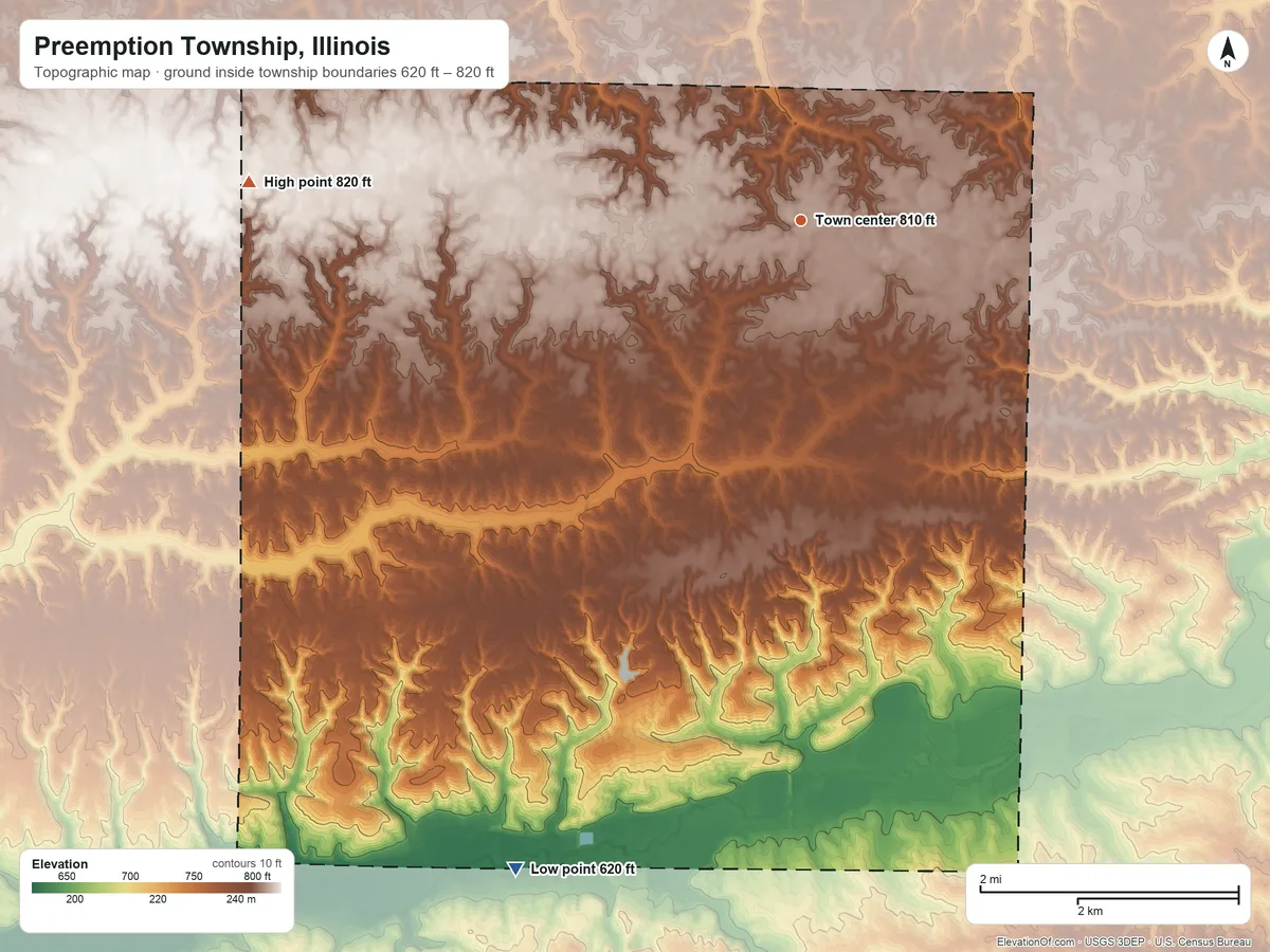 Topographic elevation map of Preemption Township, Illinois, shaded from 620 ft on the southwest side to 820 ft on the west side