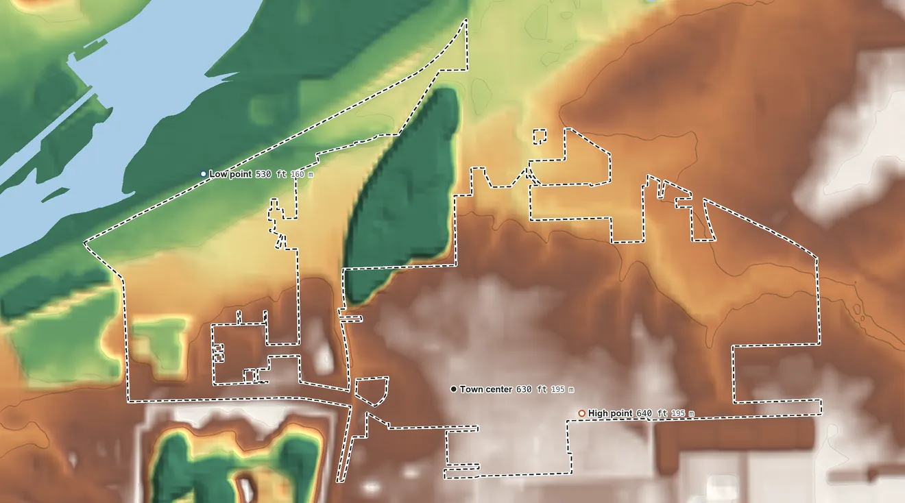 Topographic elevation map of Preston Heights, Illinois, shaded from 530 ft on the northwest side to 640 ft on the east side