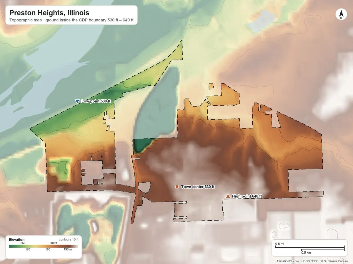 Topographic elevation map of Preston Heights, Illinois, shaded from 530 ft on the northwest side to 640 ft on the east side