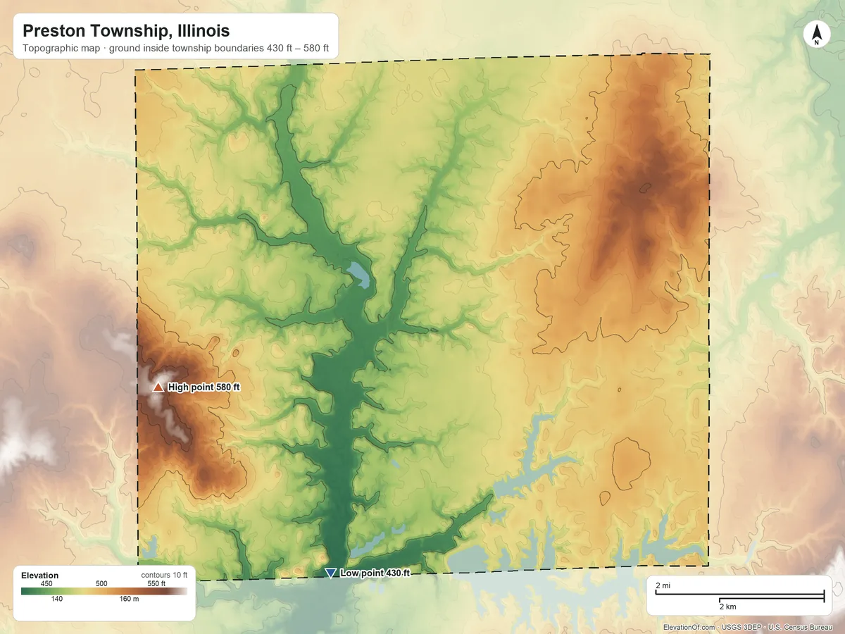 Topographic elevation map of Preston Township, Illinois, shaded from 430 ft on the southwest side to 580 ft on the west side
