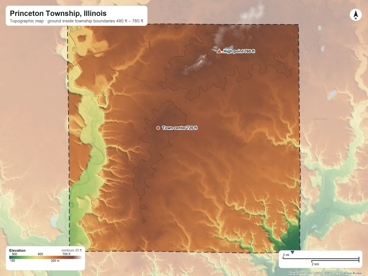 Topographic elevation map of Princeton Township, Illinois, shaded from 480 ft on the southeast side to 760 ft on the northeast side