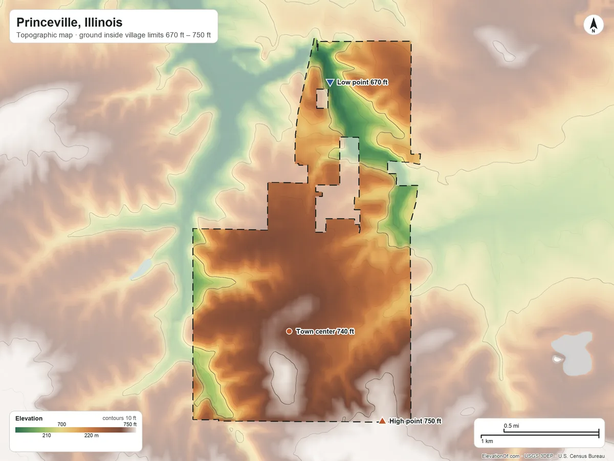 Topographic elevation map of Princeville, Illinois, shaded from 670 ft on the north side to 750 ft on the southeast side