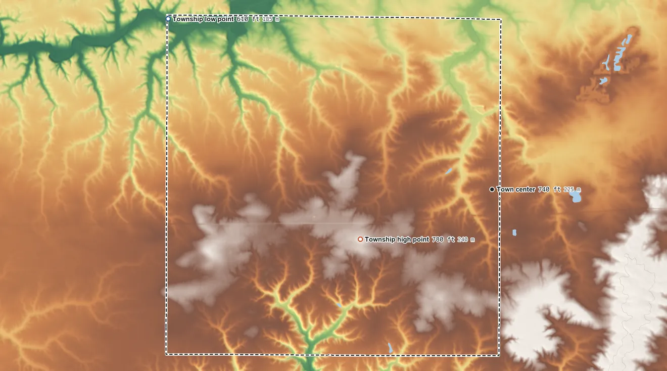 Topographic elevation map of Princeville Township, Illinois, shaded from 610 ft on the northwest side to 780 ft on the west side