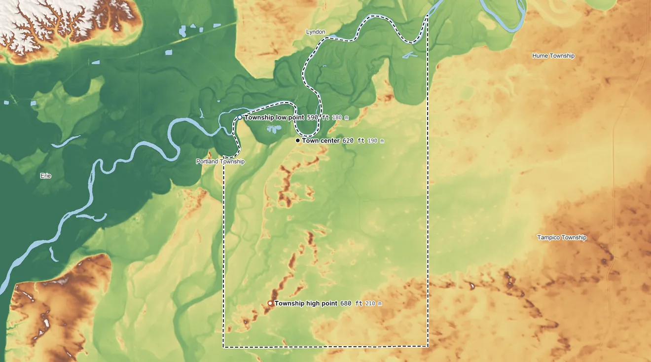 Topographic elevation map of Prophetstown Township, Illinois, shaded from 590 ft on the west side to 680 ft on the south side