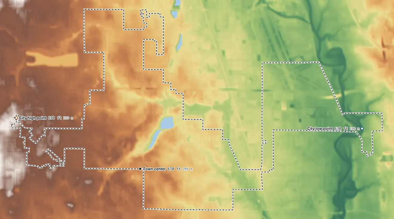 Topographic elevation map of Prospect Heights, Illinois, shaded from 630 ft on the east side to 690 ft on the west side