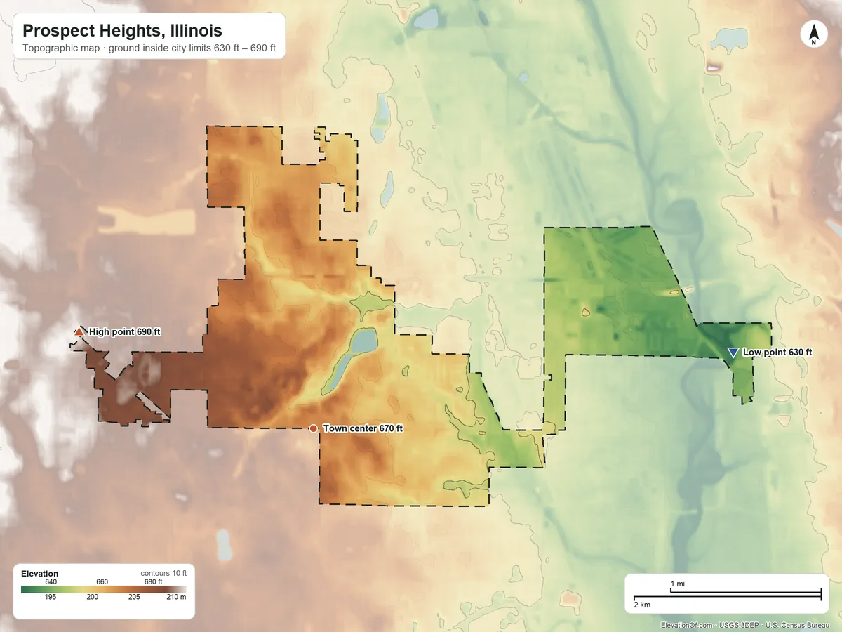 Topographic elevation map of Prospect Heights, Illinois, shaded from 630 ft on the east side to 690 ft on the west side