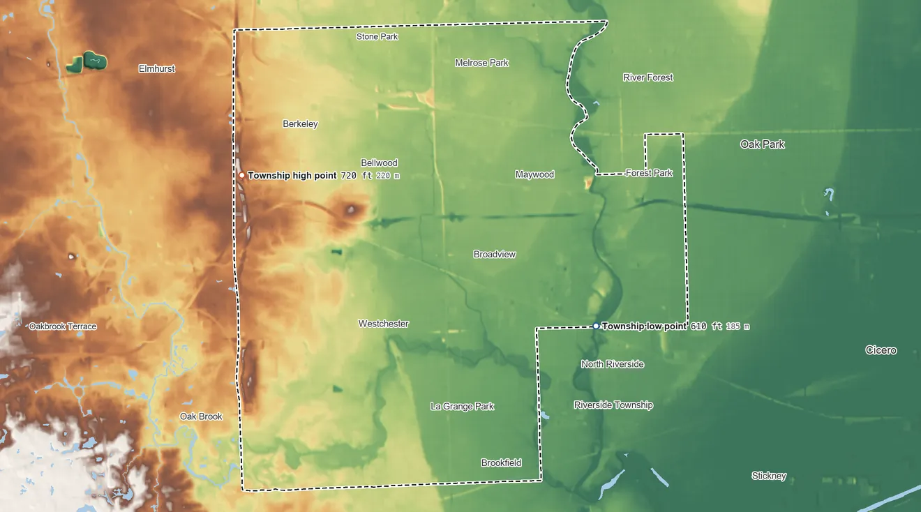 Topographic elevation map of Proviso Township, Illinois, shaded from 610 ft on the southeast side to 720 ft on the west side