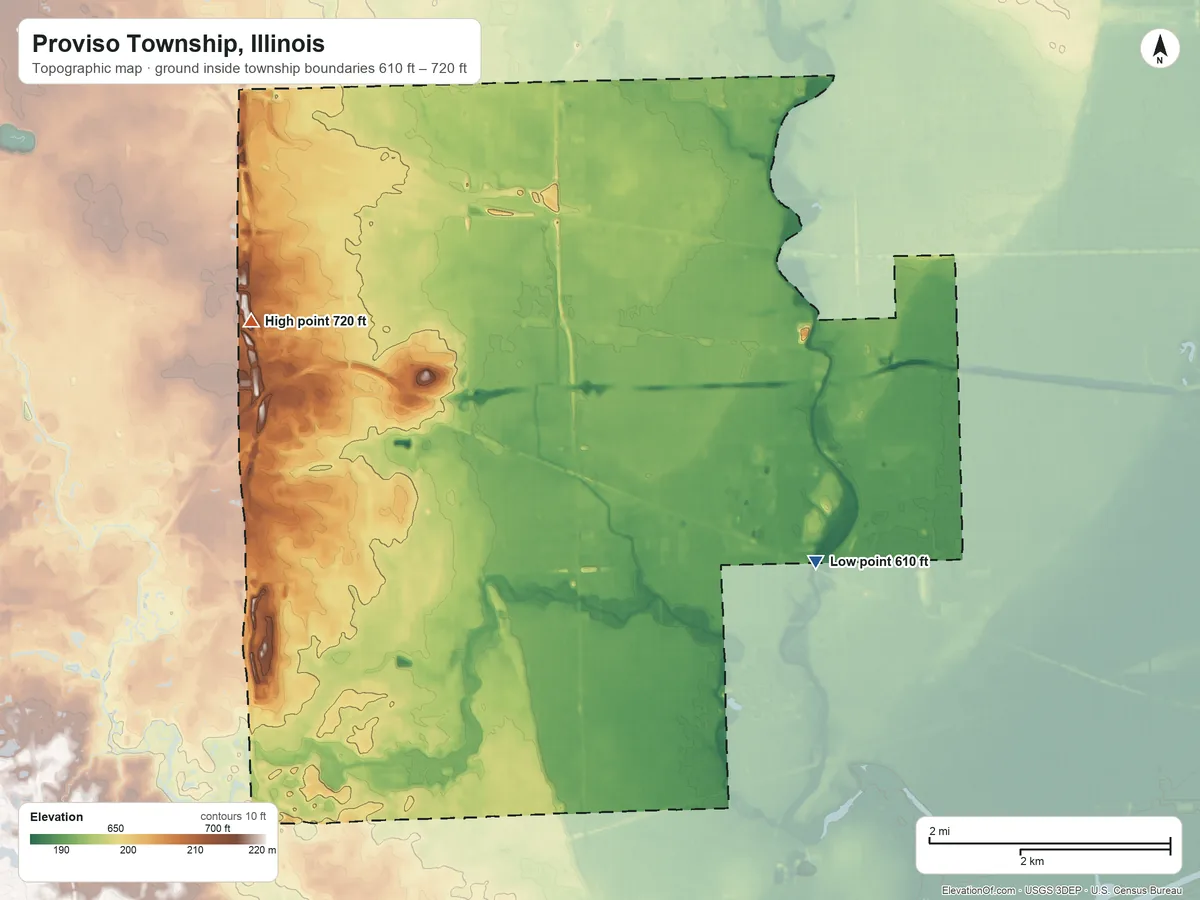 Topographic elevation map of Proviso Township, Illinois, shaded from 610 ft on the southeast side to 720 ft on the west side