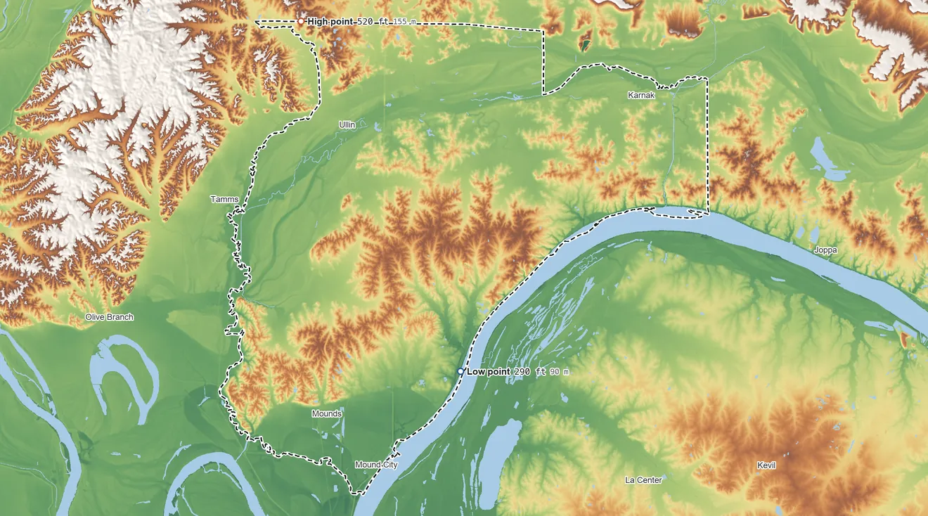 Topographic elevation map of Pulaski County, Illinois, shaded from 290 ft on the south side to 520 ft on the northwest side
