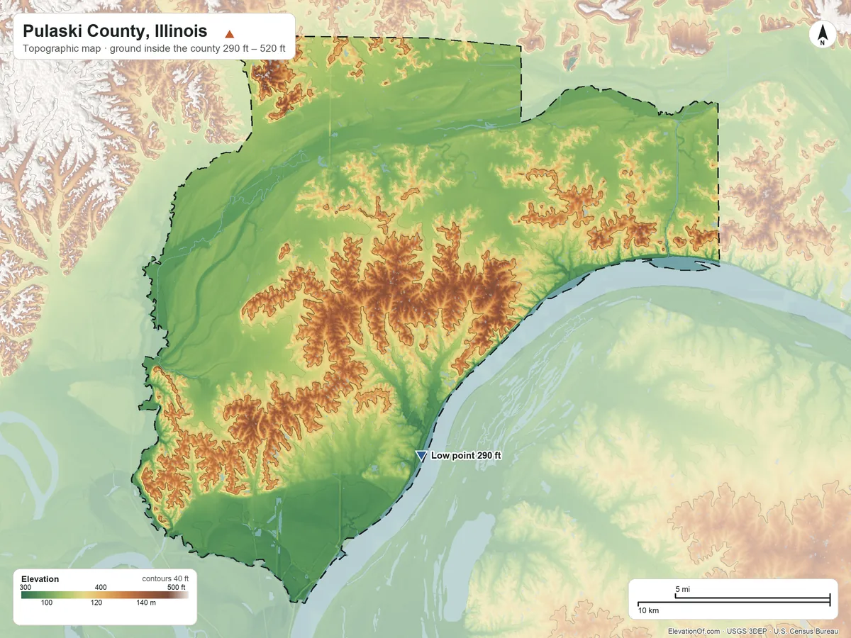 Topographic elevation map of Pulaski County, Illinois, shaded from 290 ft on the south side to 520 ft on the northwest side