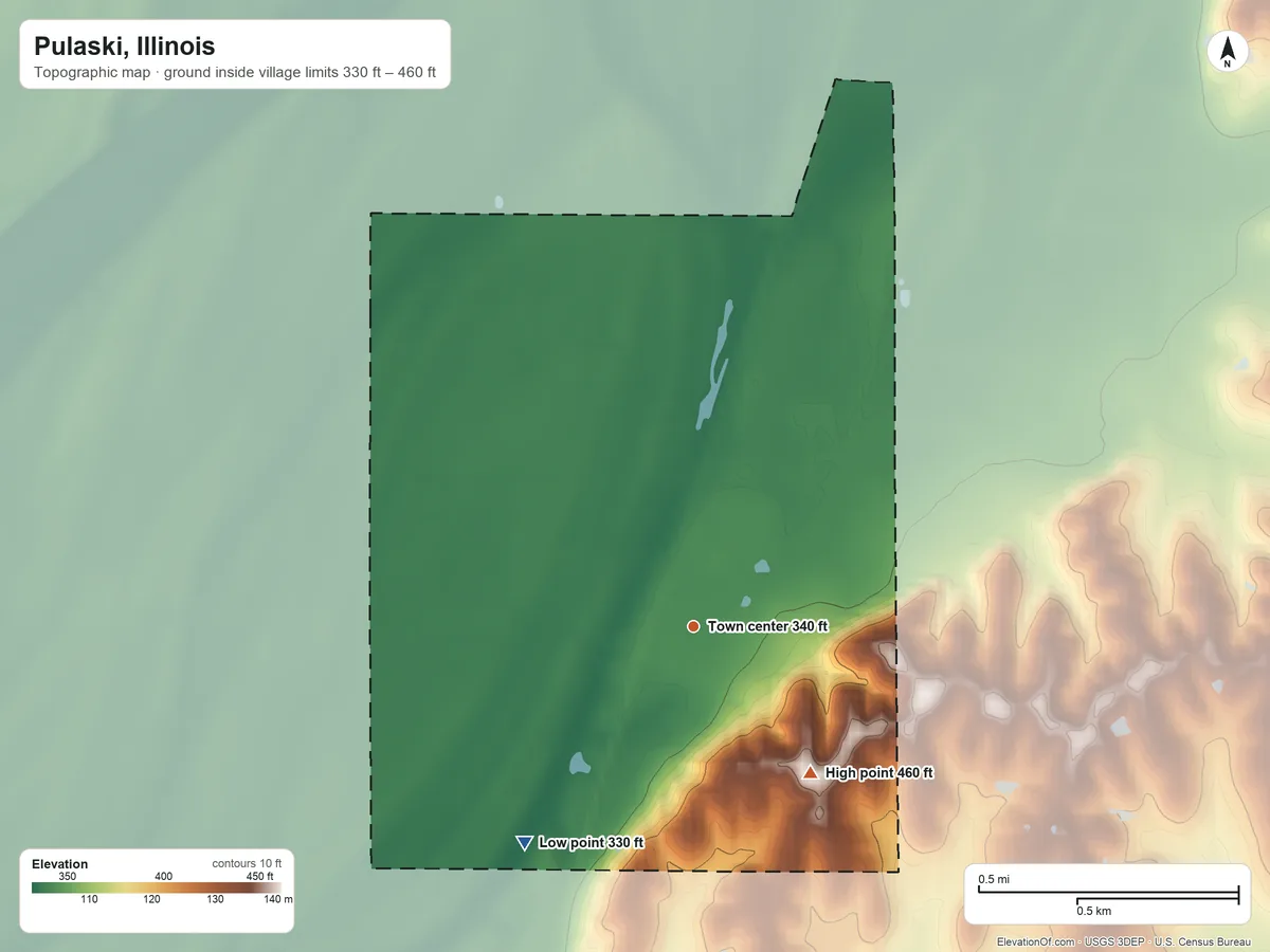 Topographic elevation map of Pulaski, Illinois, shaded from 330 ft on the southwest side to 460 ft on the southeast side