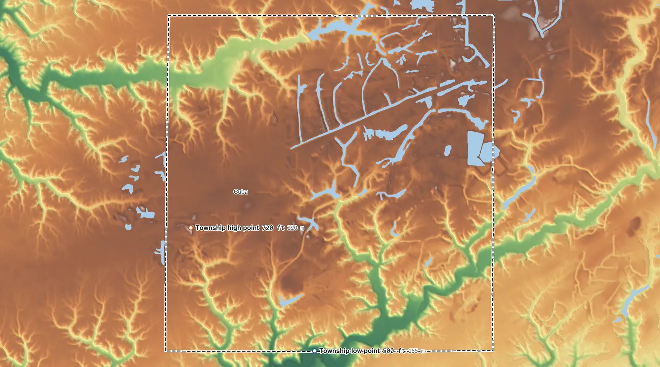 Topographic elevation map of Putman Township, Illinois, shaded from 500 ft on the south side to 720 ft on the southwest side