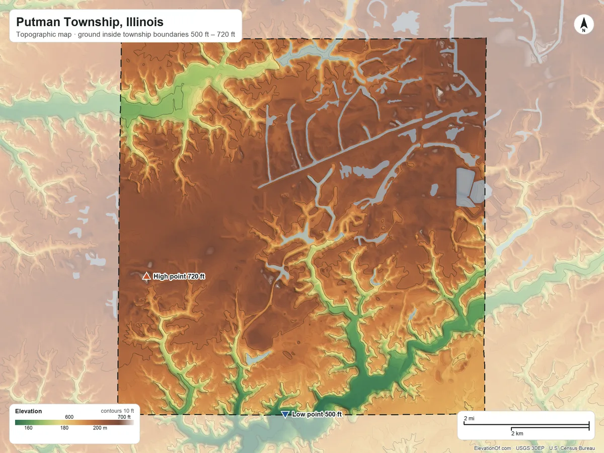 Topographic elevation map of Putman Township, Illinois, shaded from 500 ft on the south side to 720 ft on the southwest side