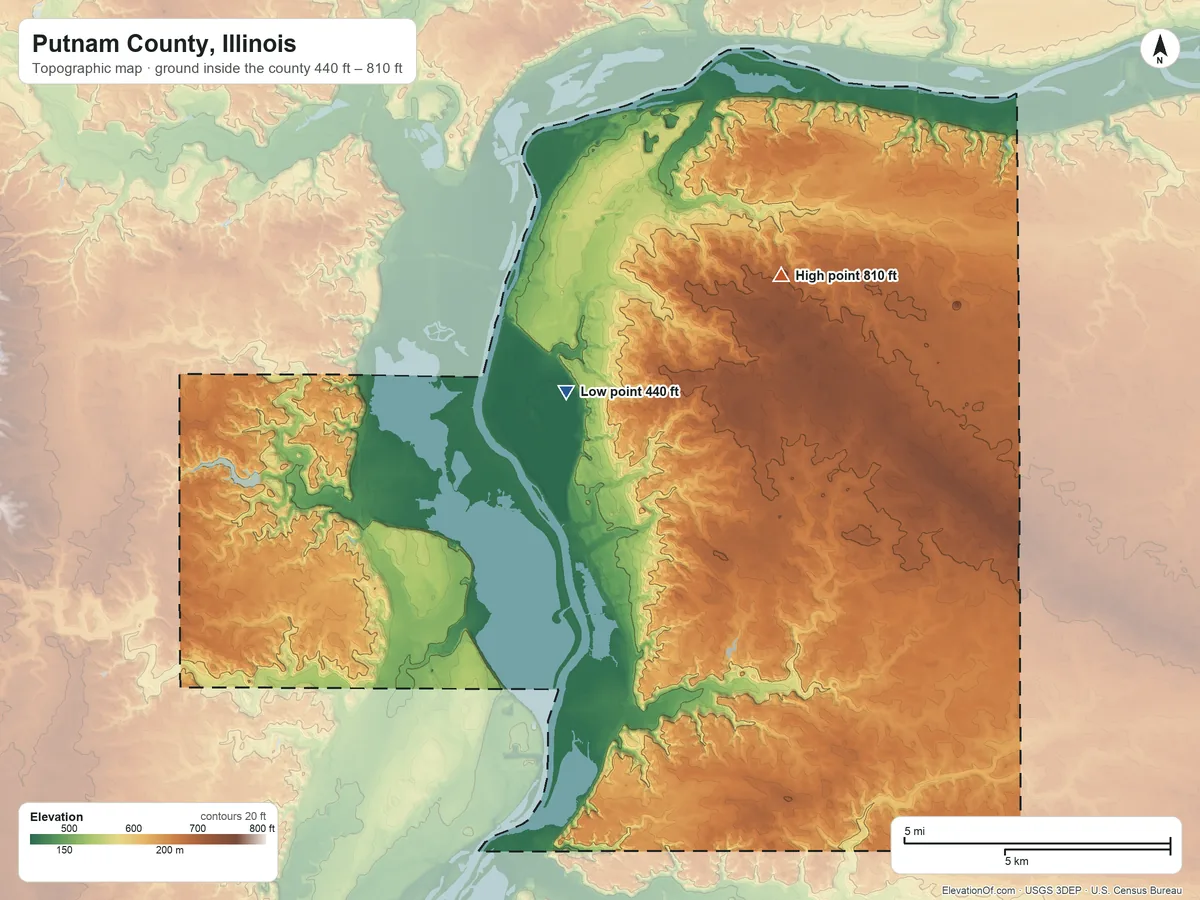 Topographic elevation map of Putnam County, Illinois, shaded from 440 ft near the middle to 810 ft on the northeast side