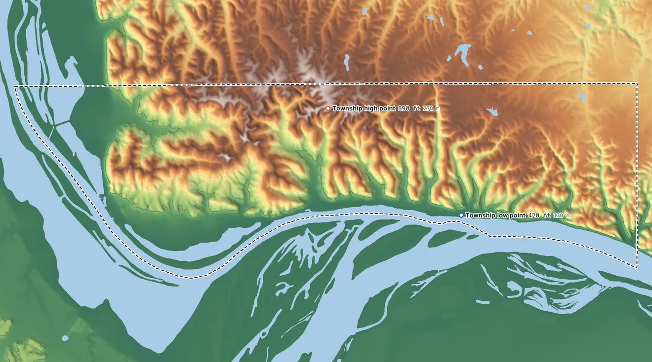 Topographic elevation map of Quarry Township, Illinois, shaded from 420 ft near the middle to 890 ft on the west side
