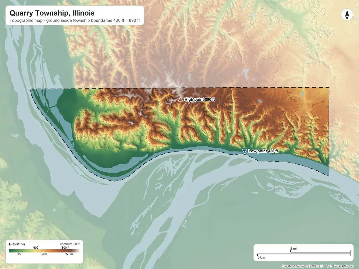 Topographic elevation map of Quarry Township, Illinois, shaded from 420 ft near the middle to 890 ft on the west side