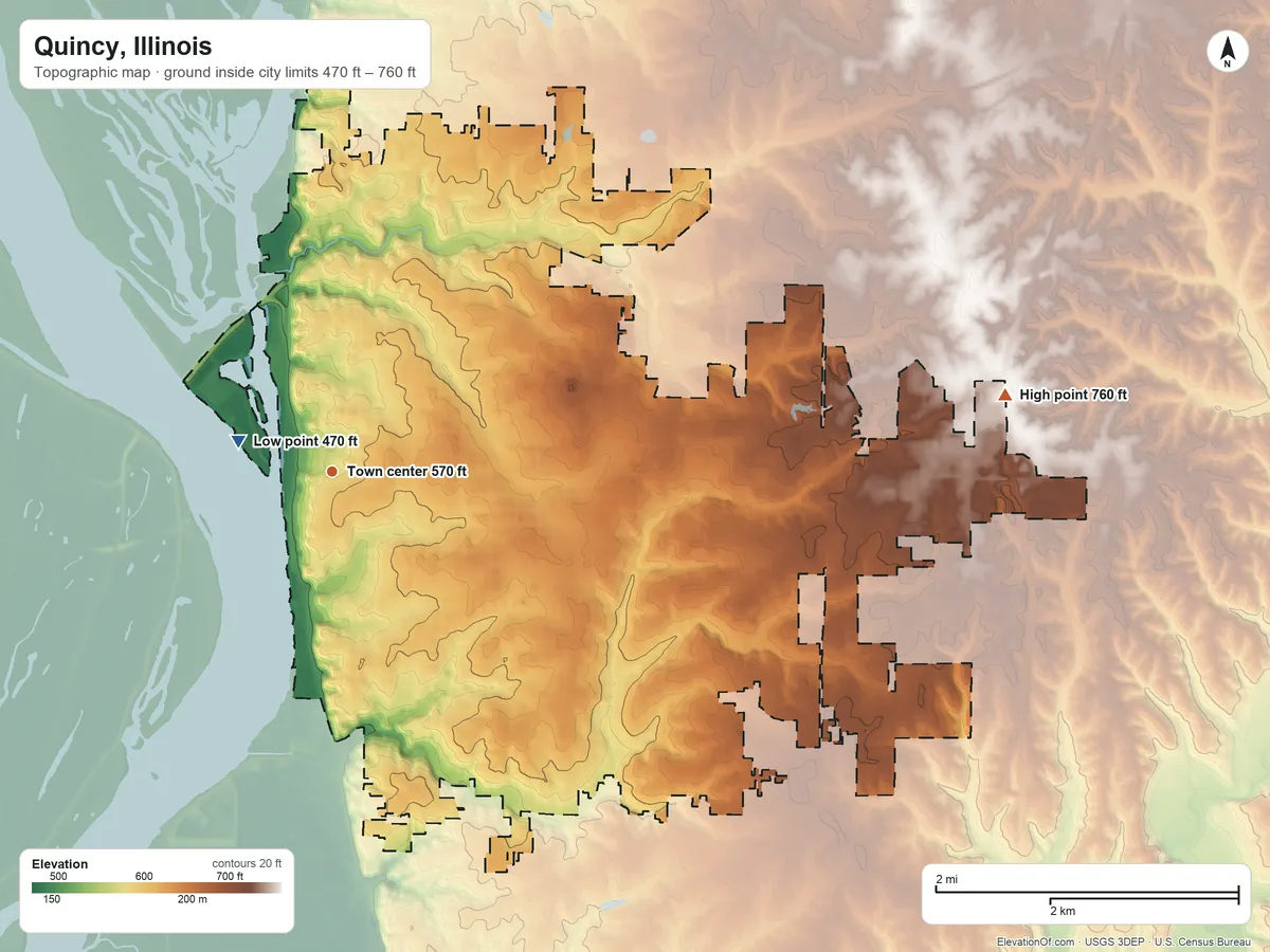 Topographic elevation map of Quincy, Illinois, shaded from 470 ft near the middle to 760 ft on the east side