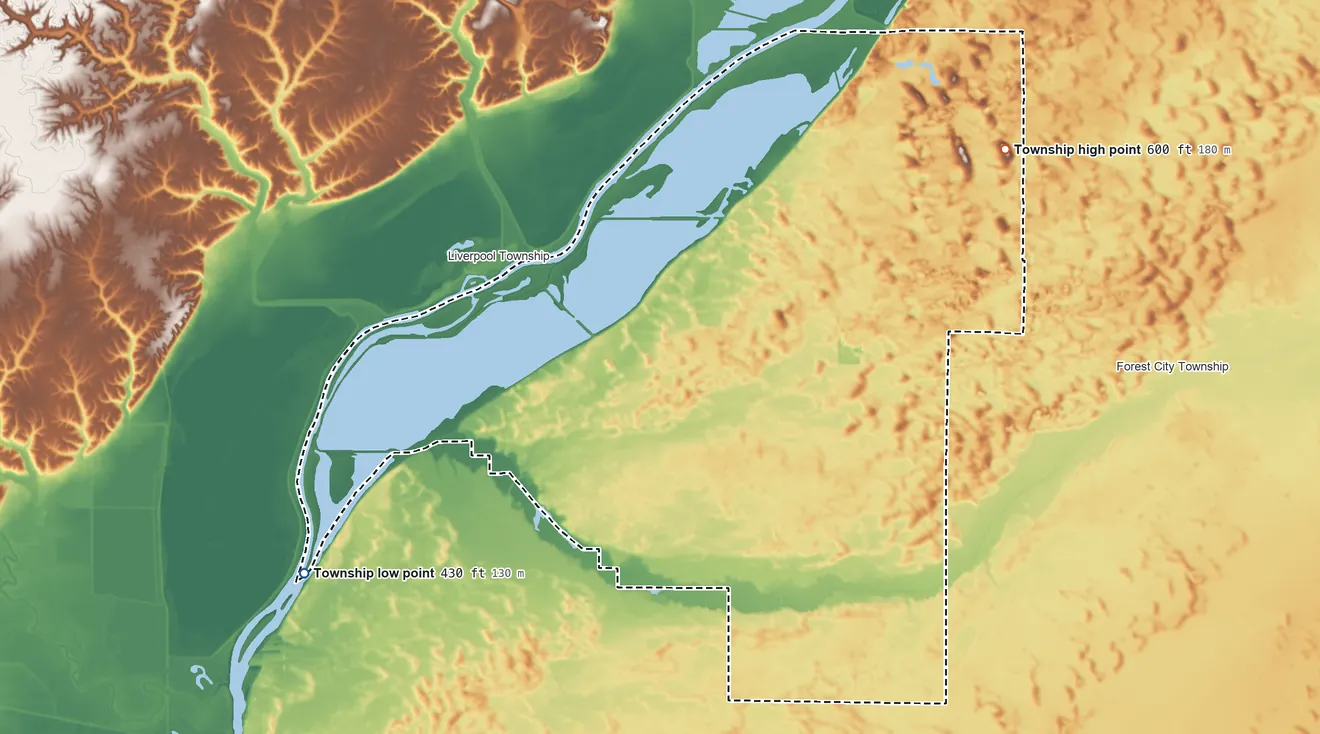 Topographic elevation map of Quiver Township, Illinois, shaded from 430 ft on the southwest side to 600 ft on the east side