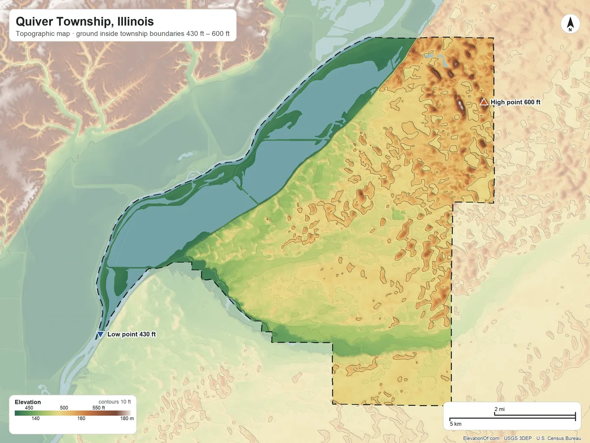 Topographic elevation map of Quiver Township, Illinois, shaded from 430 ft on the southwest side to 600 ft on the east side