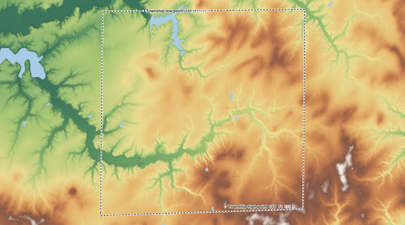 Topographic elevation map of Raccoon Township, Illinois, shaded from 480 ft on the northwest side to 640 ft on the south side