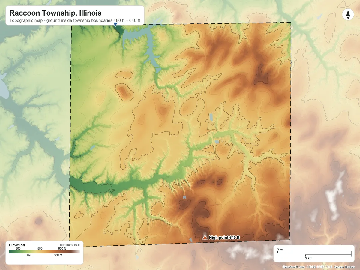 Topographic elevation map of Raccoon Township, Illinois, shaded from 480 ft on the northwest side to 640 ft on the south side