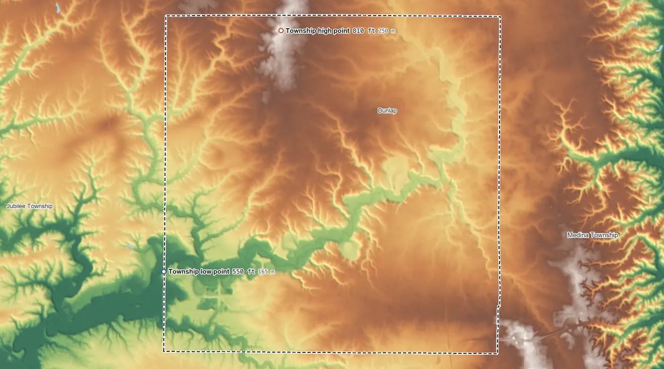 Topographic elevation map of Radnor Township, Illinois, shaded from 550 ft on the west side to 810 ft on the northwest side