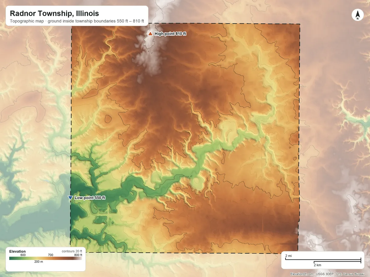 Topographic elevation map of Radnor Township, Illinois, shaded from 550 ft on the west side to 810 ft on the northwest side