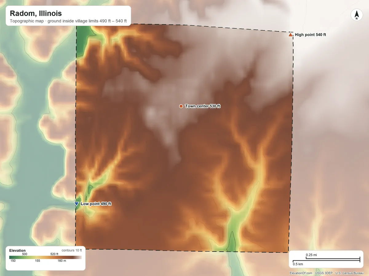Topographic elevation map of Radom, Illinois, shaded from 490 ft on the southwest side to 540 ft on the northeast side