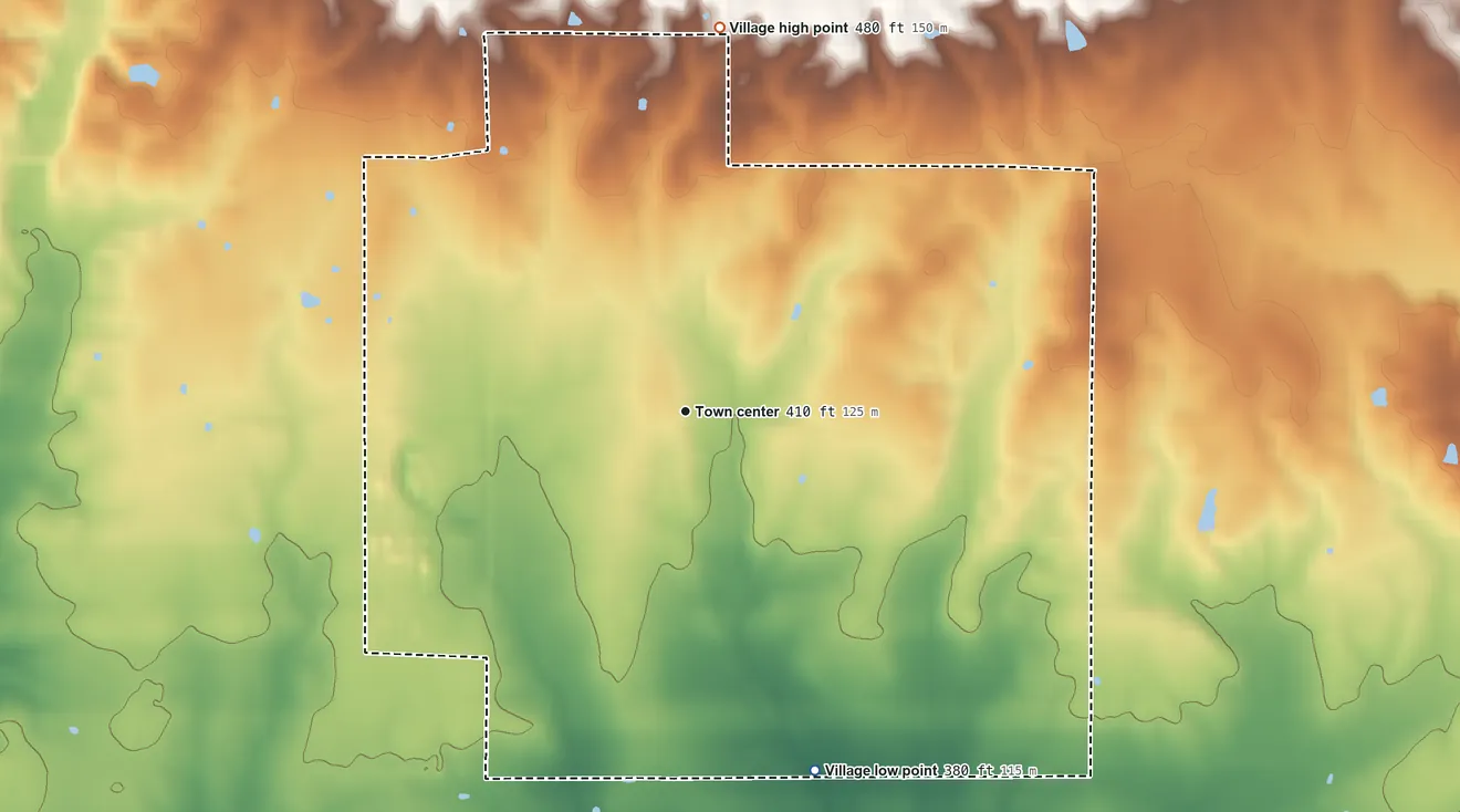 Topographic elevation map of Raleigh, Illinois, shaded from 380 ft on the south side to 480 ft on the north side