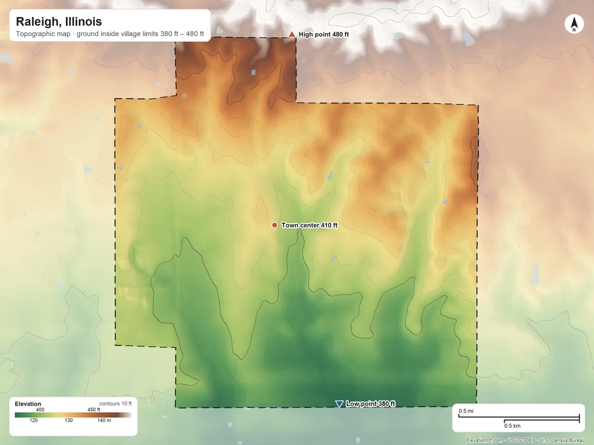 Topographic elevation map of Raleigh, Illinois, shaded from 380 ft on the south side to 480 ft on the north side