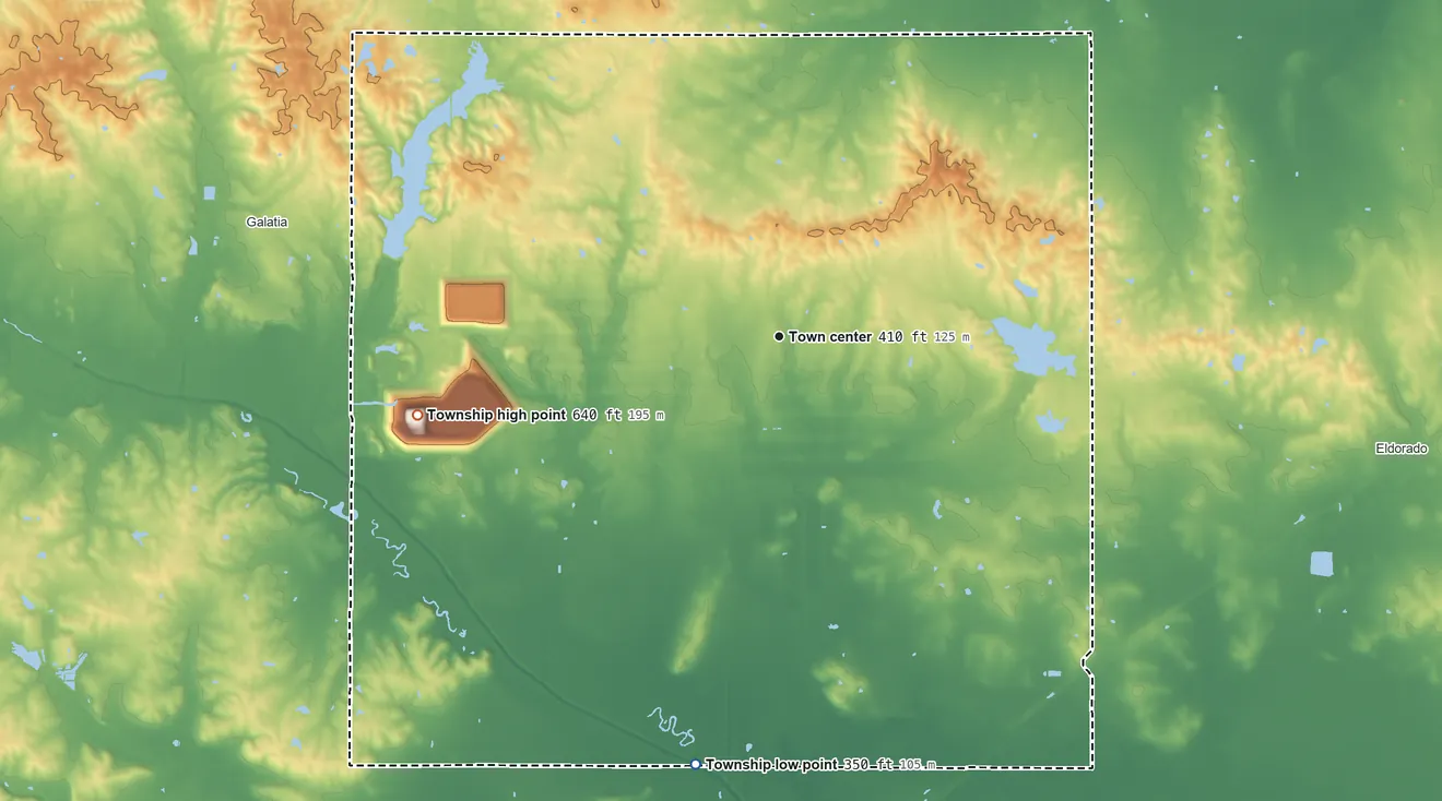 Topographic elevation map of Raleigh Township, Illinois, shaded from 350 ft on the south side to 640 ft on the west side