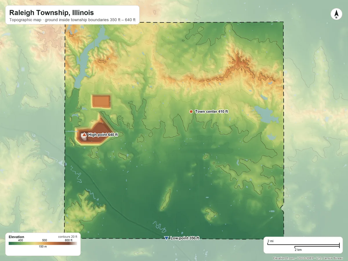 Topographic elevation map of Raleigh Township, Illinois, shaded from 350 ft on the south side to 640 ft on the west side