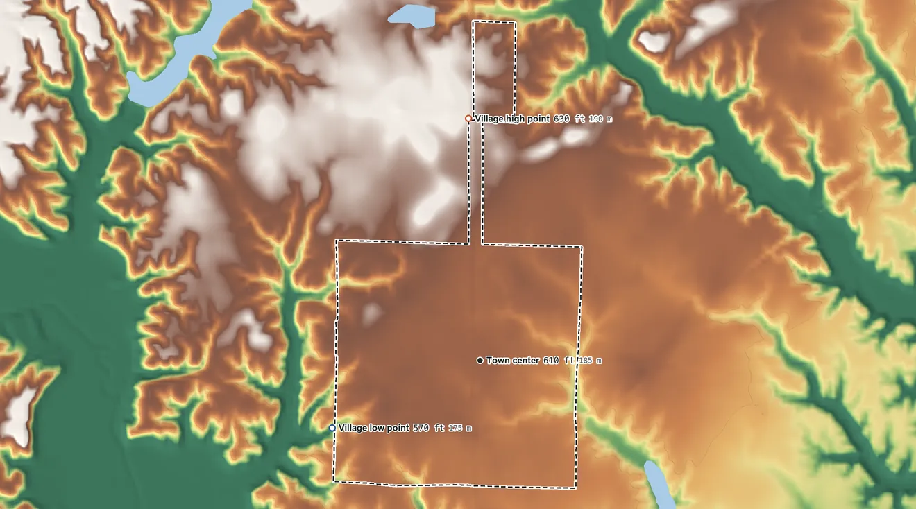 Topographic elevation map of Ramsey, Illinois, shaded from 570 ft on the southwest side to 630 ft on the north side