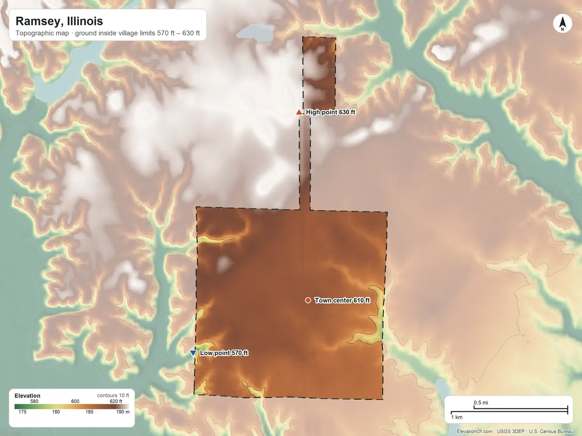 Topographic elevation map of Ramsey, Illinois, shaded from 570 ft on the southwest side to 630 ft on the north side