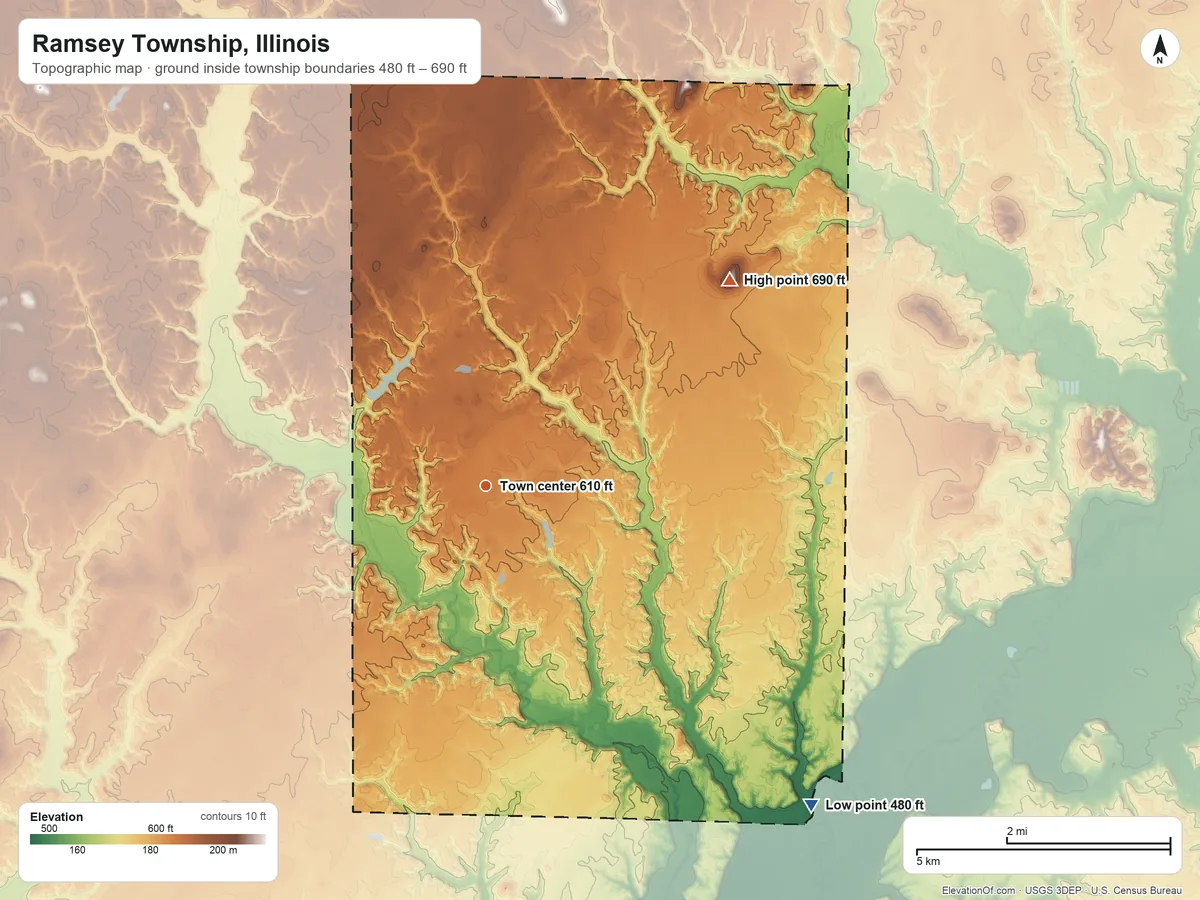 Topographic elevation map of Ramsey Township, Illinois, shaded from 480 ft on the southeast side to 690 ft on Bridges Knob