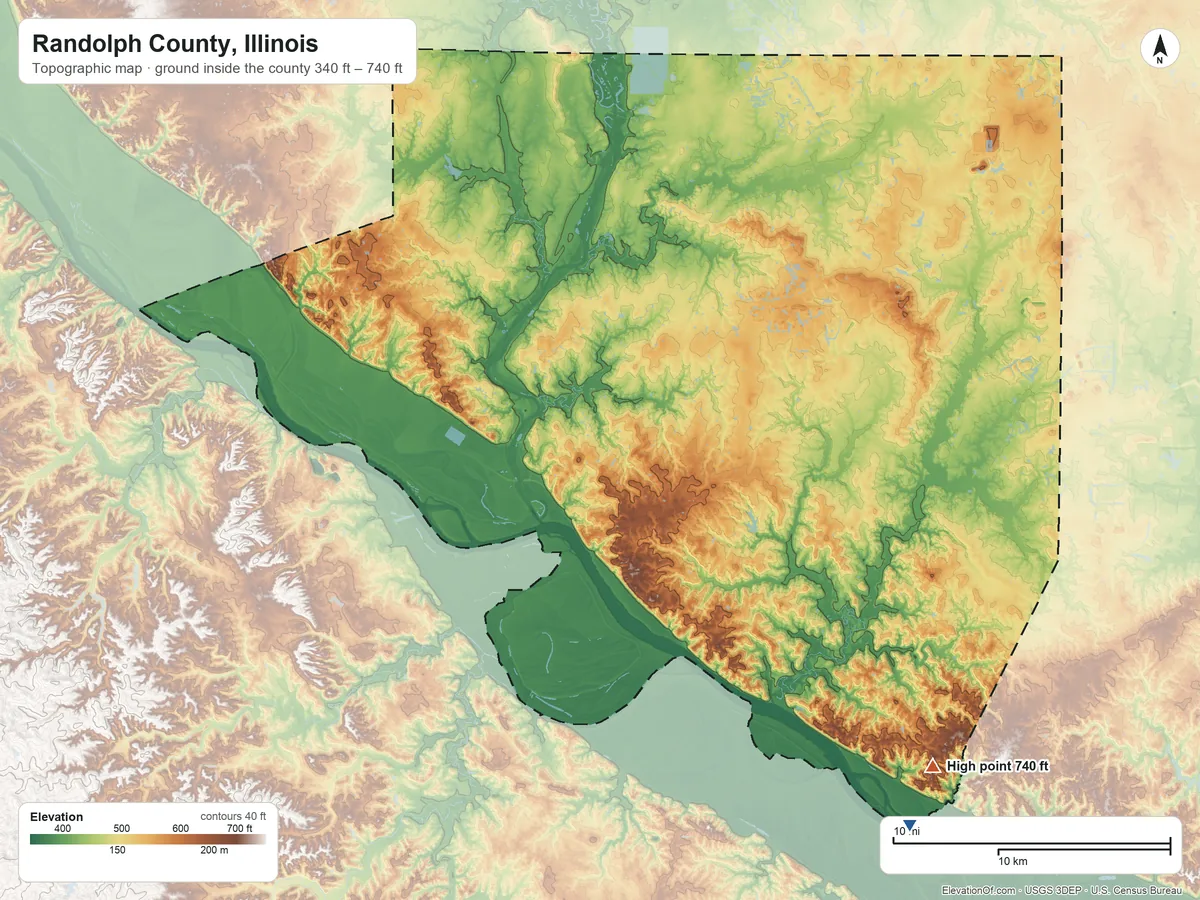 Topographic elevation map of Randolph County, Illinois, shaded from 340 ft on the southeast side to 740 ft on the southeast side
