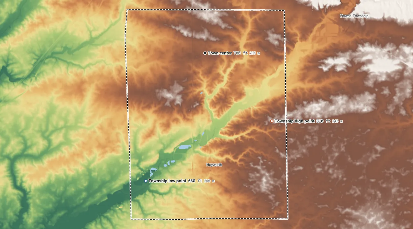 Topographic elevation map of Randolph Township, Illinois, shaded from 660 ft on the southwest side to 810 ft on the southeast side