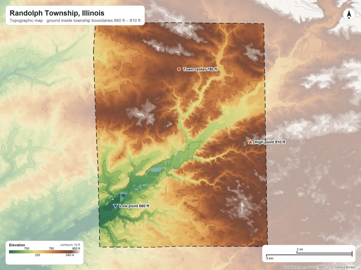 Topographic elevation map of Randolph Township, Illinois, shaded from 660 ft on the southwest side to 810 ft on the southeast side