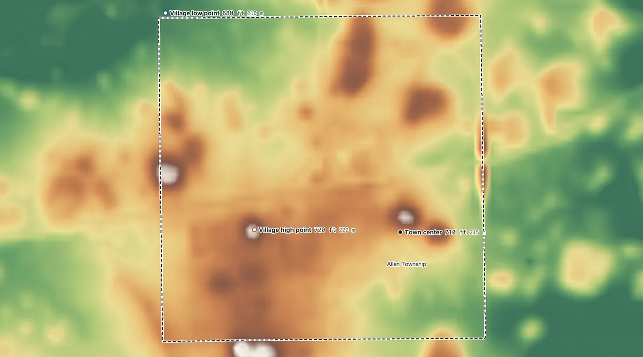 Topographic elevation map of Ransom, Illinois, shaded from 680 ft on the northwest side to 720 ft on the west side